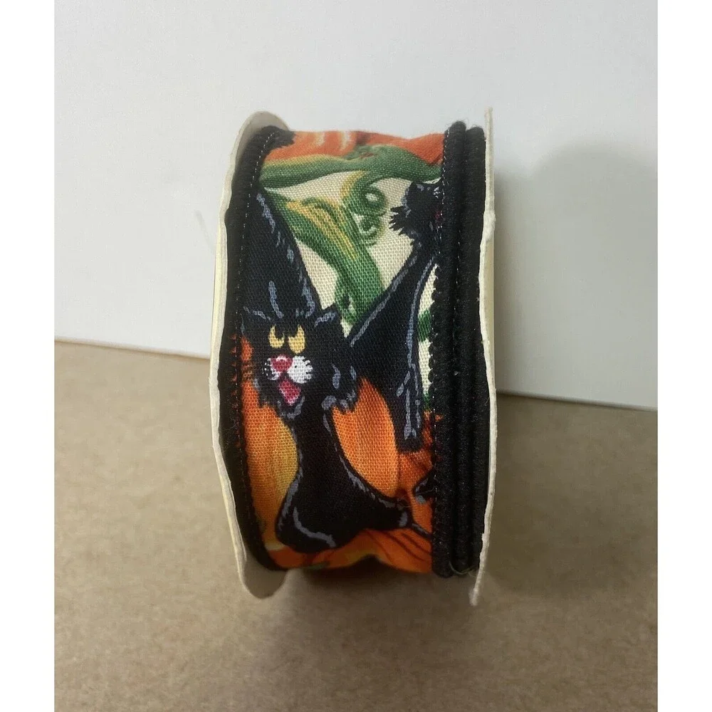 Fabric Ribbon Black Cat Pumpkin 1.25 in Halloween 4 Yards Spooled Vintage